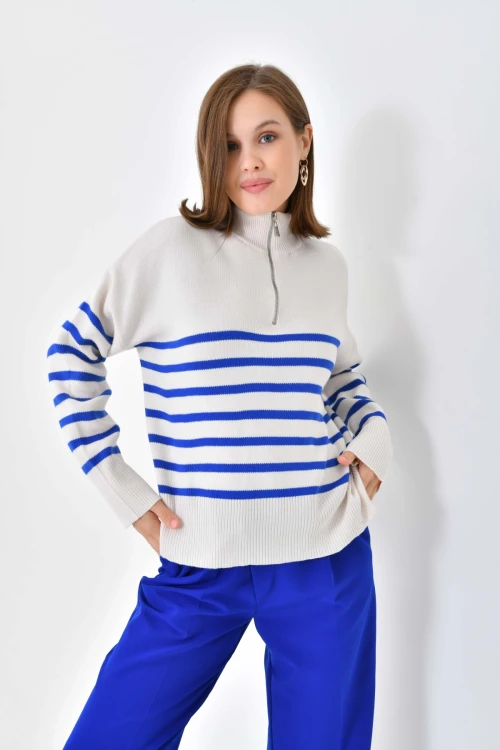 10341 KADIN SAKS YAKALI FERMUARLI ÇİZGİLİ DESENLİ  KAZAK