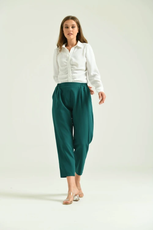 Kadın Pantolon Bel Lastikli Rahat Pantolon Zümrüt - T116