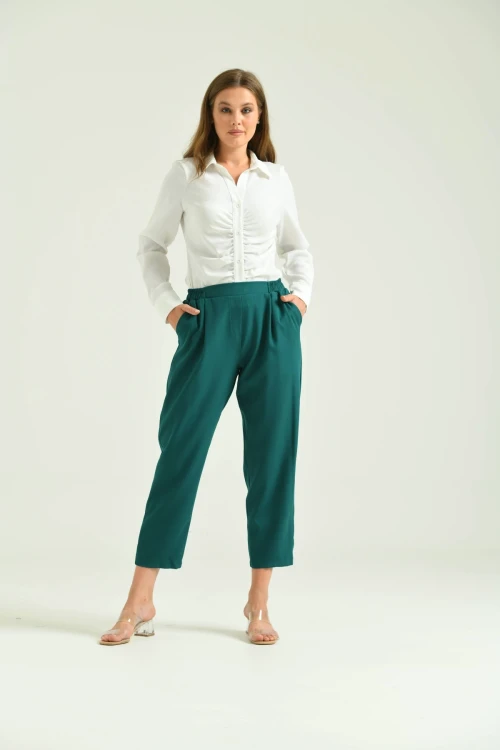 Kadın Pantolon Bel Lastikli Rahat Pantolon Zümrüt - T116