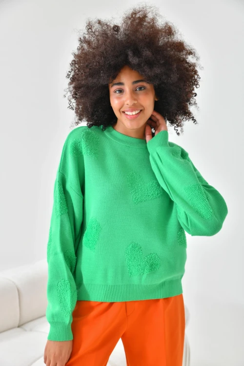 10318 KADIN ZÜMRÜT BİSİKLET YAKA KALP DESENLİ KAZAK