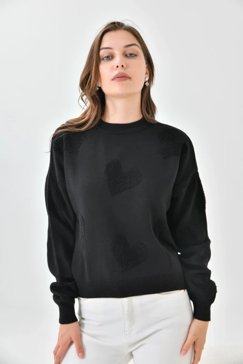 10318 KADIN SİYAH BİSİKLET YAKA KALP DESENLİ KAZAK