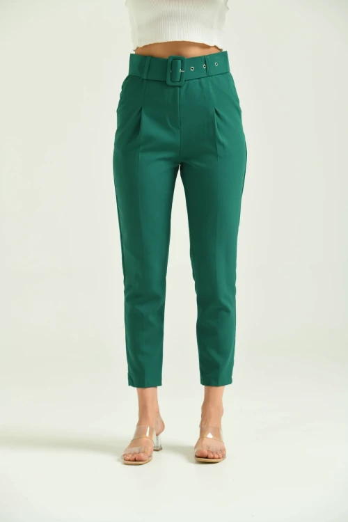 Kadın Pantolon Kemer Detaylı Basic Kadın Pantolon Zümrüt - T018