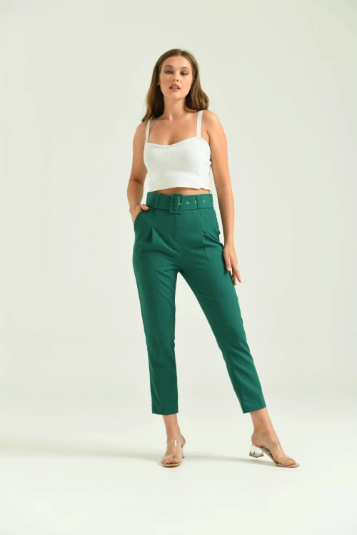Kadın Pantolon Kemer Detaylı Basic Kadın Pantolon Zümrüt - T018