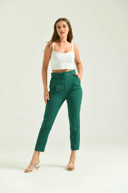 Kadın Pantolon Kemer Detaylı Basic Kadın Pantolon Zümrüt - T018