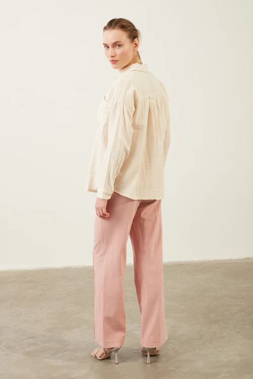 Kadın Pantolon Beli Lastikli Geniş Paça Pantolon Pudra - E044