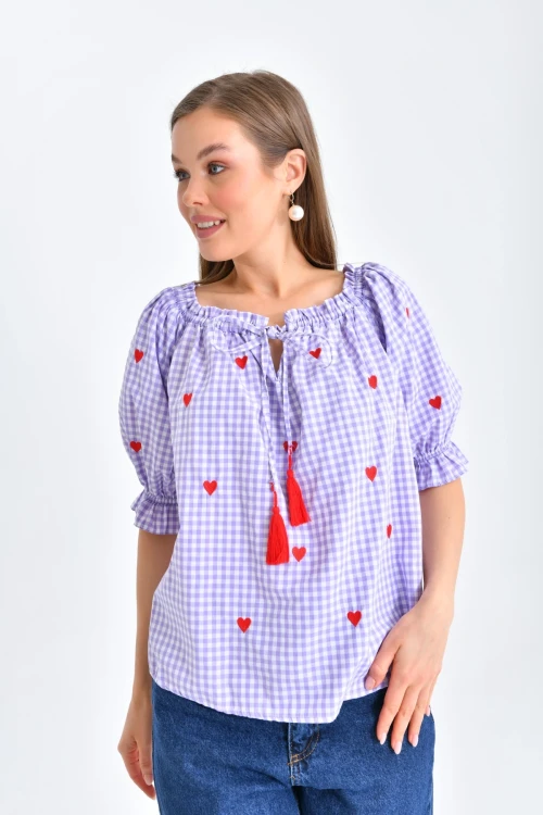 Lila Pötikare Yakası Fırfırlı Oversize Dokuma Bluz