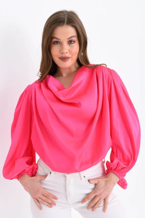 Kadın Gömlek Degaje Yaka Dökümlü Saten Gömlek Kadın Gömlek Fuşya - 33026