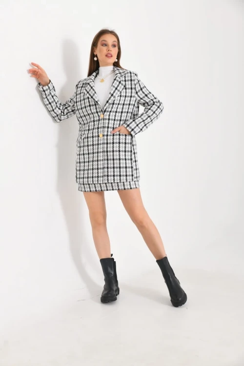 Kadın Kısa Etek Ekose Desen Beyaz - KRN029E