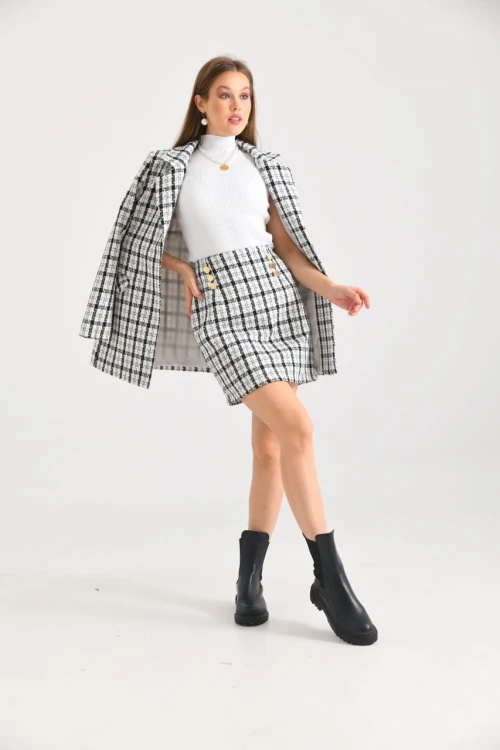 Kadın Kısa Etek Ekose Desen Beyaz - KRN029E