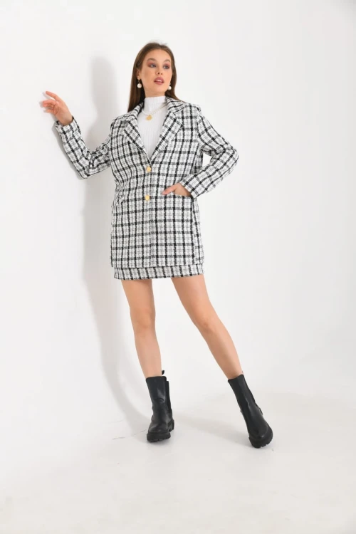 Kadın Blazer Ceket Ekose Desen Uzun Blazer Ceket Beyaz - KRN029