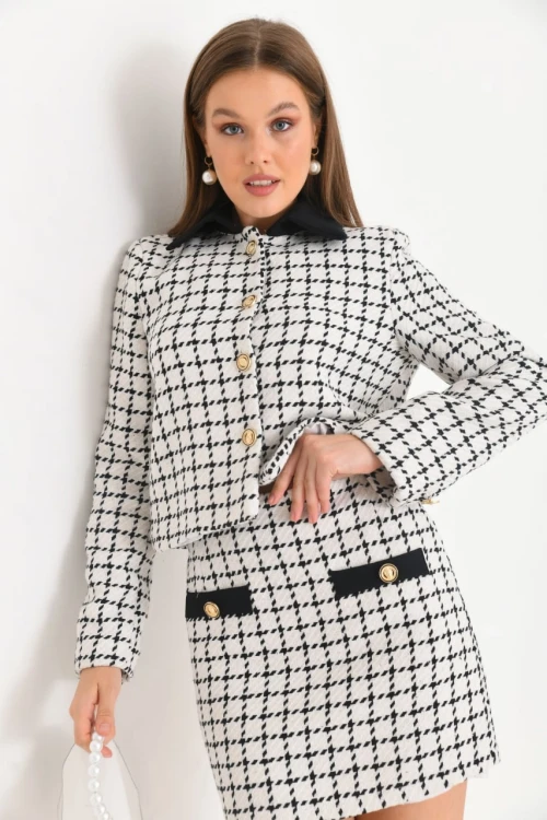 Kadın Blazer Ceket Garni Detay Uzun Blazer Ceket Beyaz - KRN026