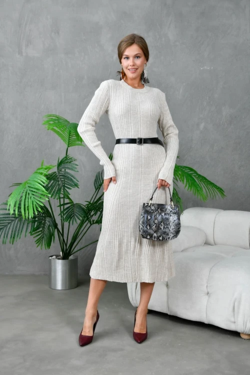 Kadın Elbise Bisiklet Yaka Midi Boy Elbise Taş - 10823