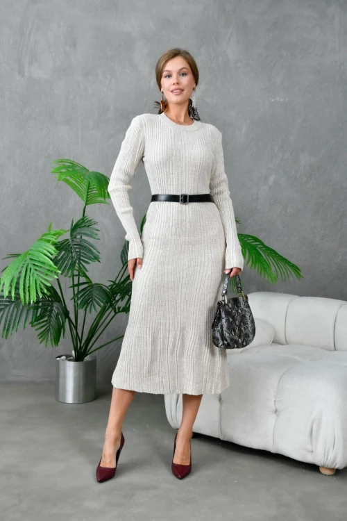 Kadın Elbise Bisiklet Yaka Midi Boy Elbise Taş - 10823