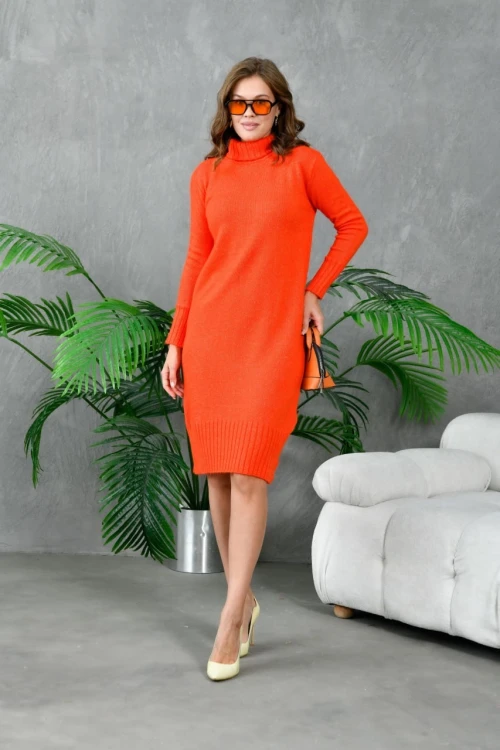Kadın Elbise Boyunlu Diz Altı Örme Elbise Nar - 227067