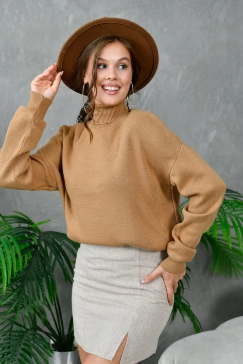 Kadın Kazak Boyunlu Kazak Camel - 214430