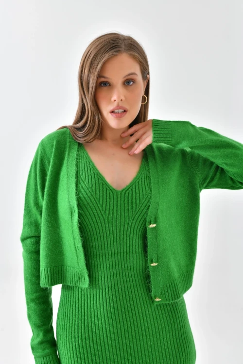 Kadın Ceket Askılı Elbise Triko Takım Yeşil - 8009