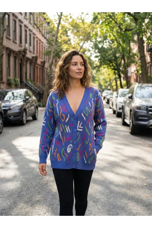 Kadın Ceket Renkli Desenli V Yaka Düğmeli Kadın Ceket