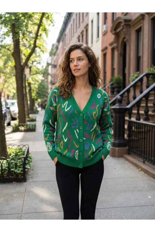 Kadın Ceket Renkli Desenli V Yaka Düğmeli Kadın Ceket