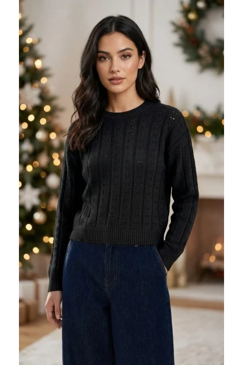 Kadın Kazak Çiçek Desenli Delikli Kazak Kadın Kazak