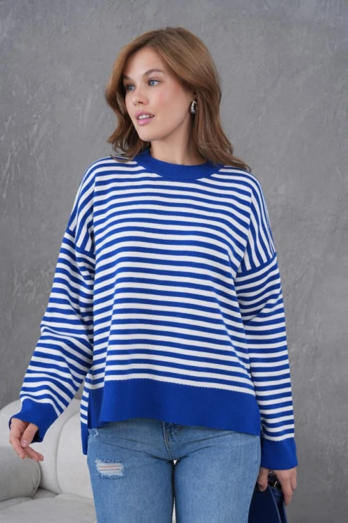 Kadın Çizgili Corspan Yuvarlak Yaka Kazak