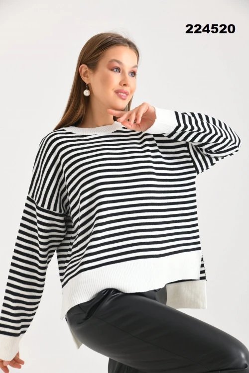 Kadın Kazak Çizgili Yuvarlak Yaka Kazak Siyah - 224520