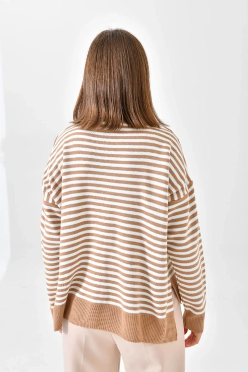 Kadın Kazak Çizgili Yuvarlak Yaka Kazak Camel - 224520