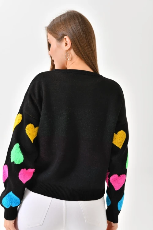 Kadın Kazak Çok Renkli Kalpli Kazak Kadın Kazak