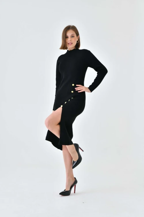 Kadın Elbise Dik Yaka Yırtmaçlı Eteği Düğmeli Elbise Siyah - 10581