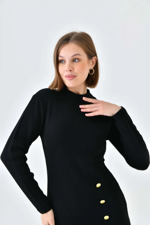 Kadın Elbise Dik Yaka Yırtmaçlı Eteği Düğmeli Elbise Siyah - 10581