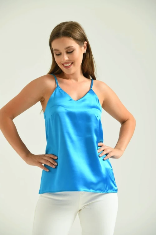 Kadın Atlet İp Askılı Saten Atlet Turkuaz - T091