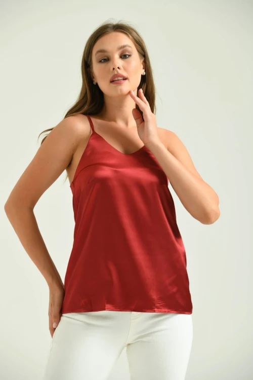 Kadın Atlet İp Askılı Saten Atlet Bordo - T091