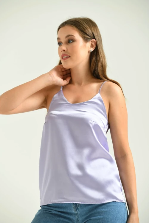 Kadın Atlet İp Askılı Saten Atlet Lila - T091