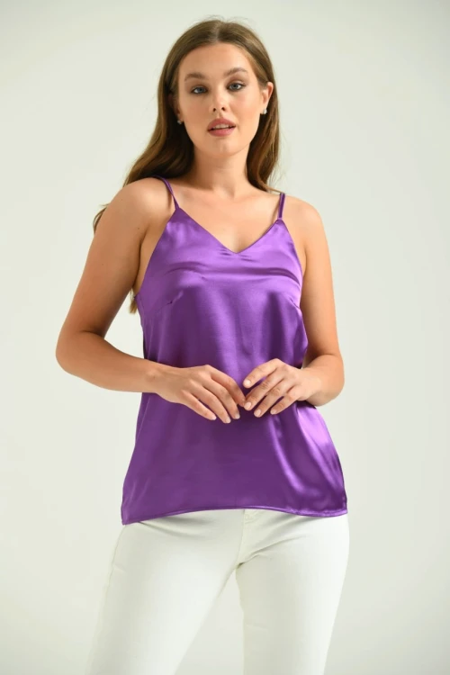 Kadın Atlet İp Askılı Saten Atlet Mor - T091