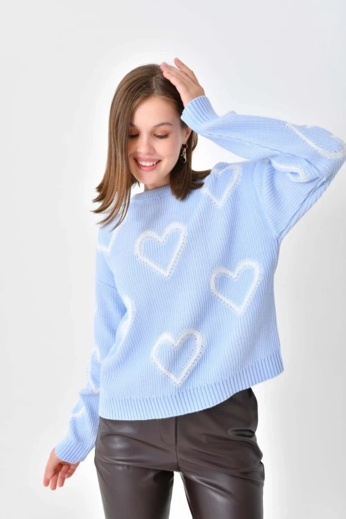 Kadın Kazak Kalp Desenli Yuvarlak Yaka Kazak B.Mavi - 8103