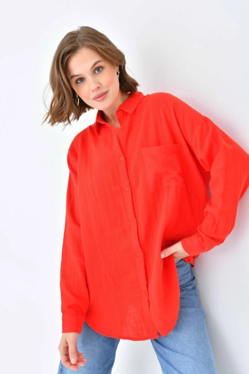 Kadın Gömlek Müslin Kumaş Cepli Uzun Kollu Kadın Gömlek Nar - 23010
