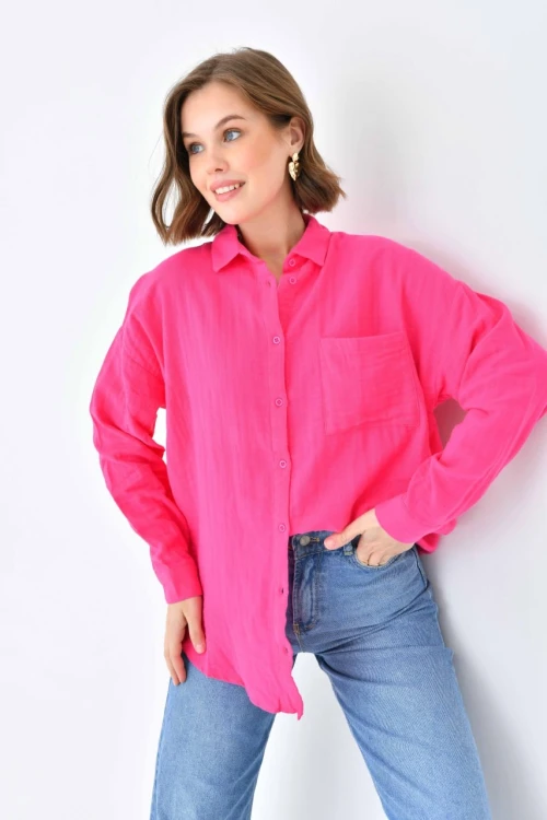 Kadın Gömlek Müslin Kumaş Cepli Uzun Kollu Kadın Gömlek Fuşya - 23010