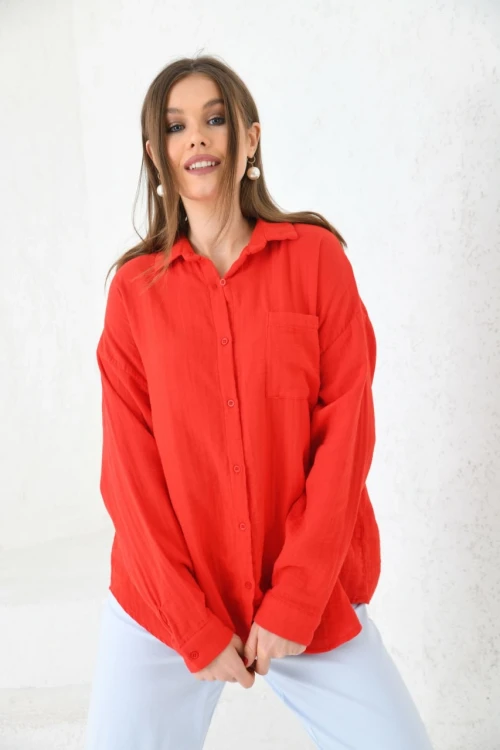 Kadın Gömlek Müslin Kumaş Cepli Uzun Kollu Kadın Gömlek Nar - 23010