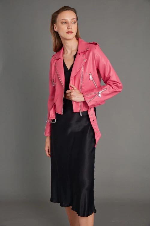 Kadın Mont Çok Cepli Bel Kemer Detaylı Deri Mont Pembe BİR BEDEN BÜYÜK ALINIZ -  M020