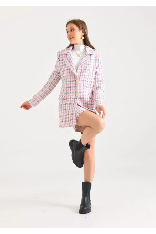 Kadın Blazer Ceket Ekose Desen Uzun Blazer Ceket Pembe - KRN029