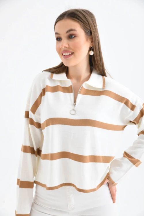 Kadın Kazak Polo Yaka Fermuarlı Kazak Camel - 10118