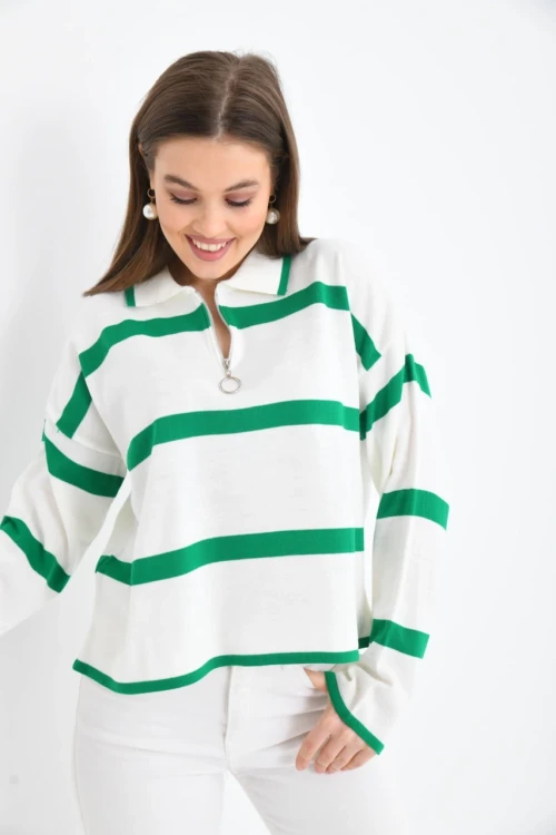 Kadın Kazak Polo Yaka Fermuarlı Kazak B.Yeşil - 10118