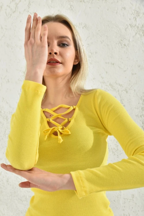 Kadın Bluz Önü Bağlamalı Bluz Sarı - D015