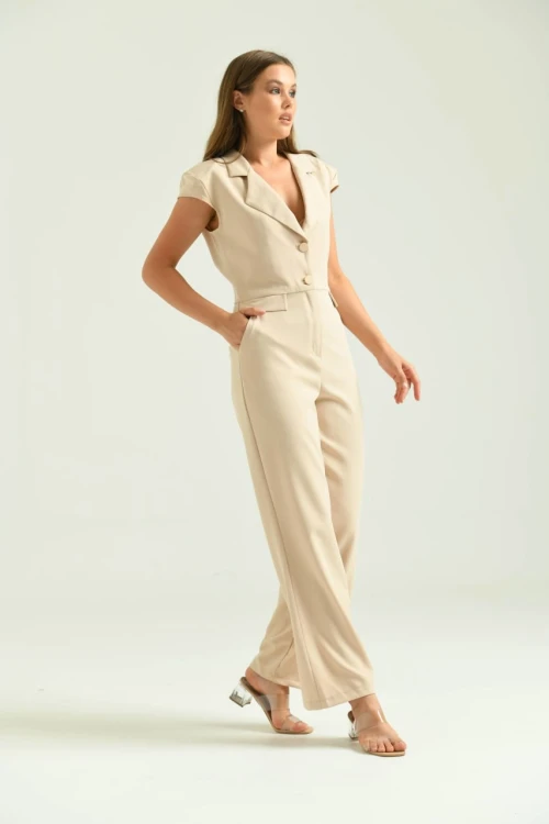 Kadın Tulum Elbise Ceket Yaka Kumaş Tulum Elbise Taş - T106