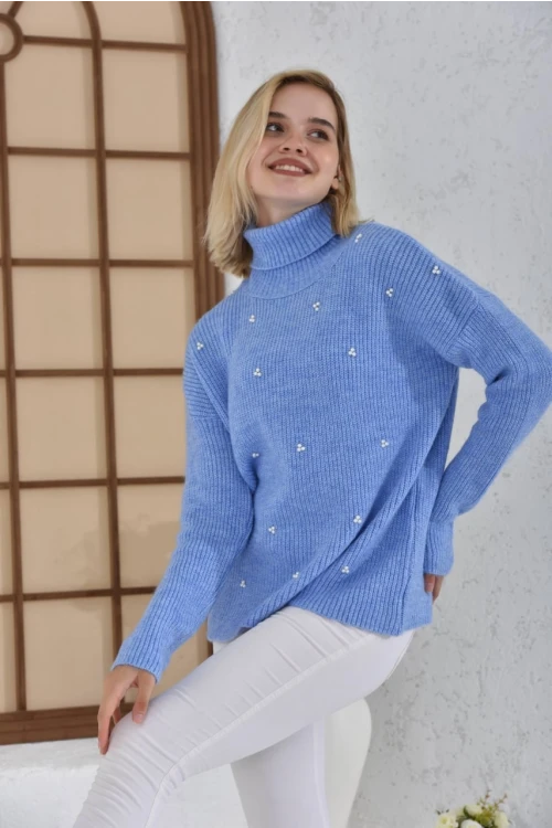 Kadın Kazak Taş İşlemeli Boyunlu Kazak Kadın Kazak