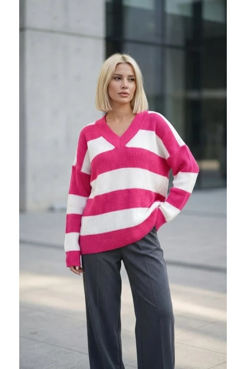 Kadın Kazak V Yaka Kalın Çizgili Kazak
