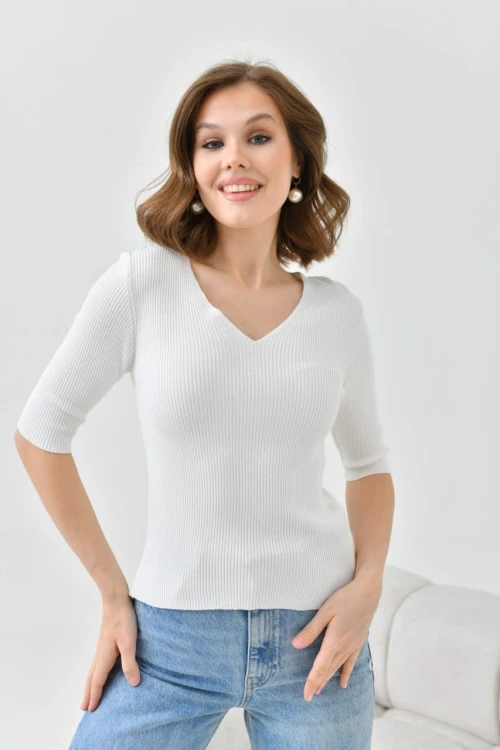 Kadın Kazak V Yaka Kazak Kemik - 10668