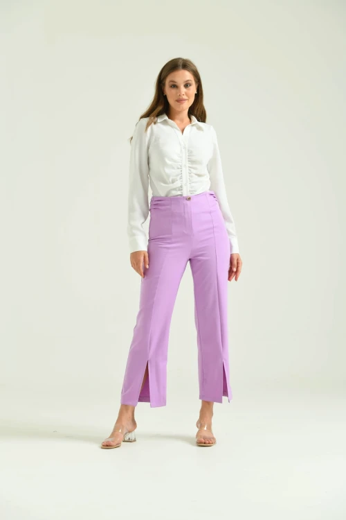 Kadın Pantolon Yan Büzgülü Paça Yırtmaçlı Kumaş Pantolon Lila - T033