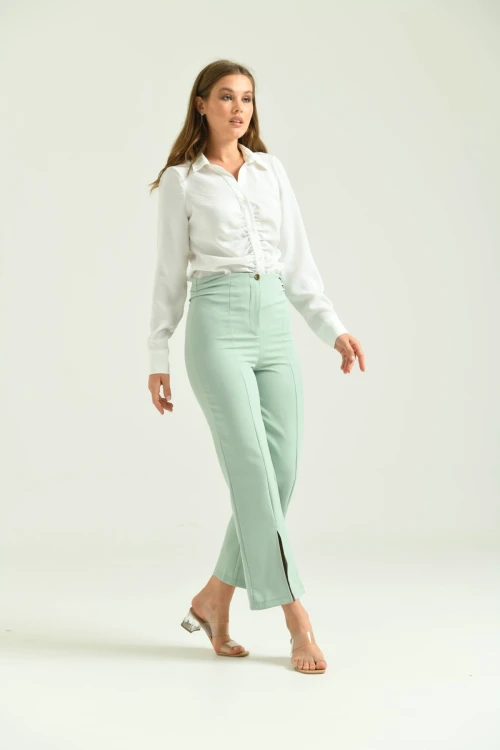 Kadın Pantolon Yan Büzgülü Paça Yırtmaçlı Kumaş Pantolon Mint - T033