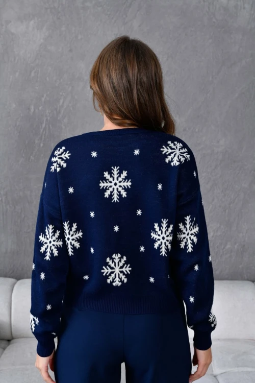 Kadın Kazak Yılbaşı Konseptli Kar Desenli Kazak Mavi - 214399