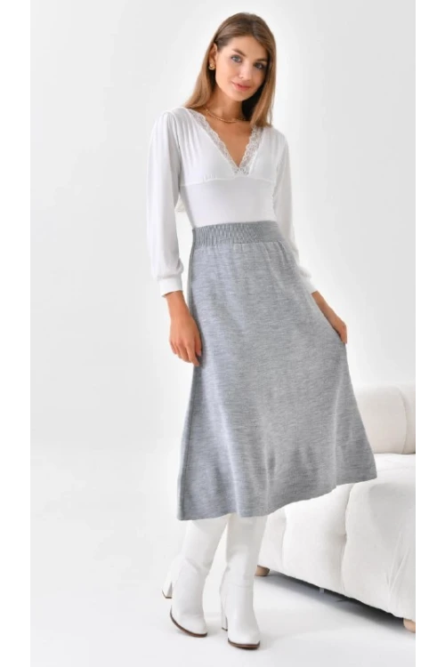 Kadın Yırtmaçsız Midi Boy Triko etek - Kadın Etek Yırtmaçsız Midi boy Triko Etek Gri - 10355